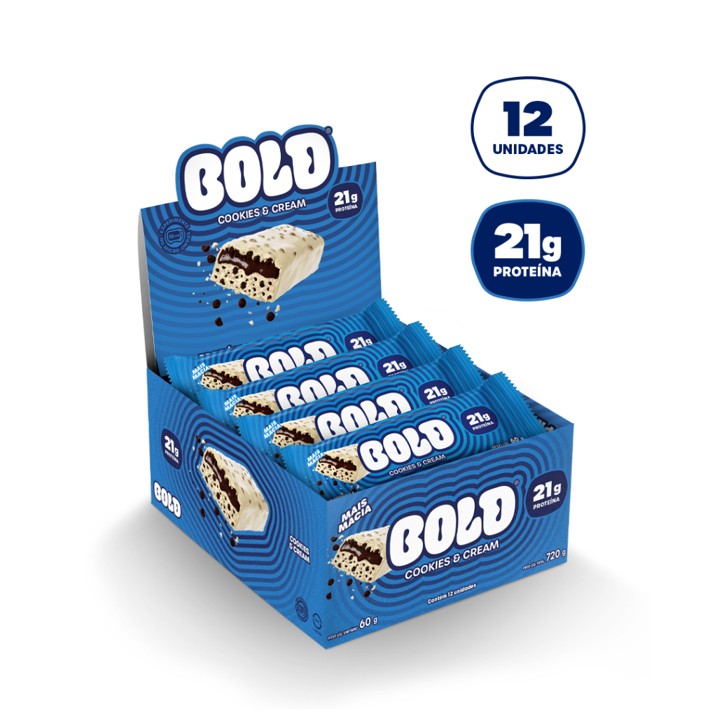 Barra de Proteína Bold Cookies & Cream 12 Unid 60g | 21g Proteína | Zero Adição de Açúcar