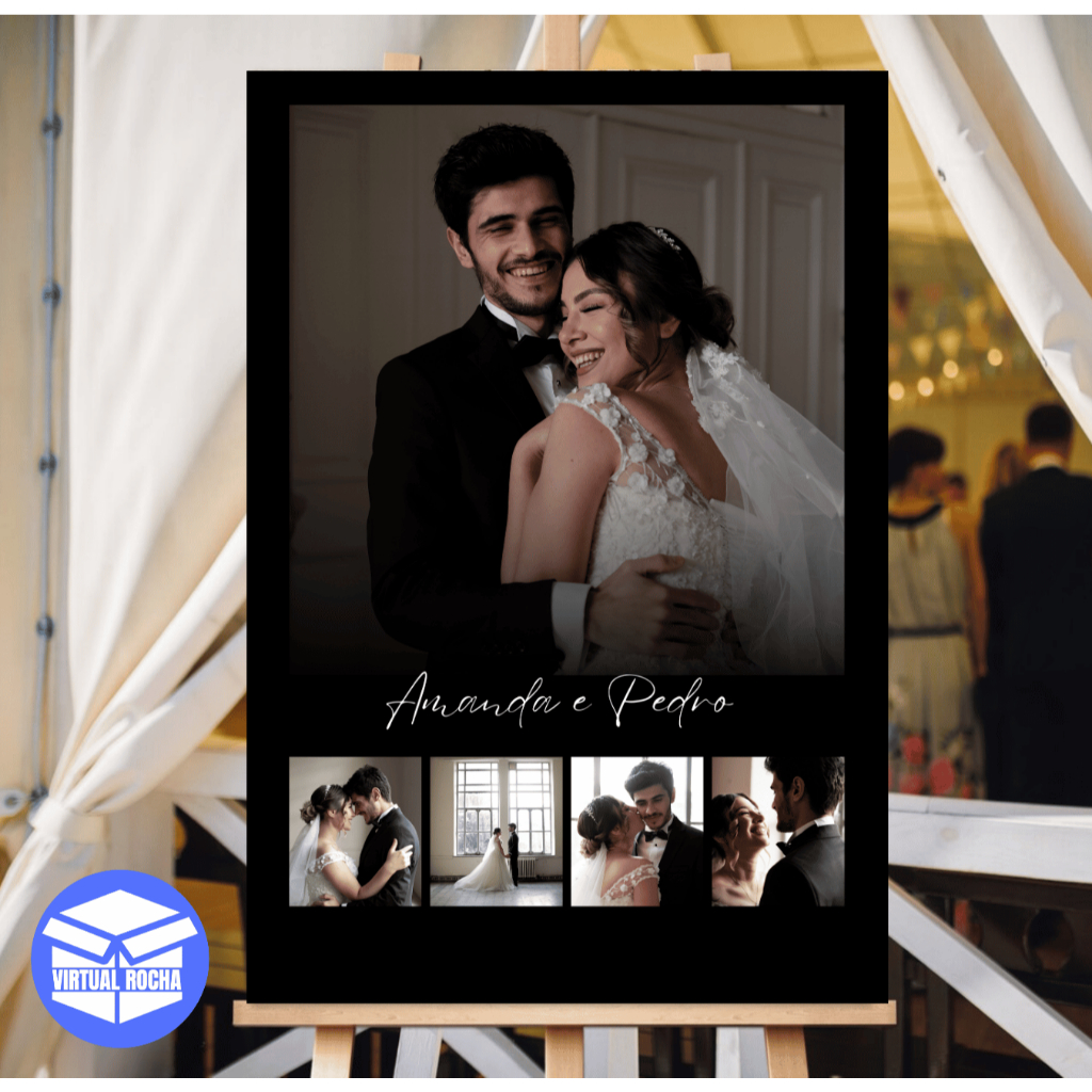 Quadro Decorativo Casamento com 5 Fotos e Nome do Casal Fundo Preto Estilo Moderno em MDF em Oferta na Shopee