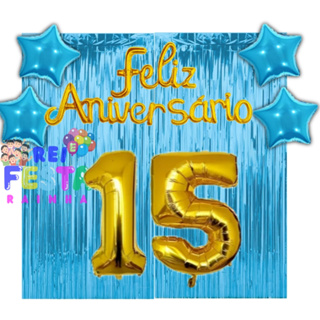 Kit 2 Cortinas, 2 Números, Balão Feliz Aniversário, 4 Estrelas, Decoração, Festa, Numeral do 1 ao 99 em Oferta na Shopee