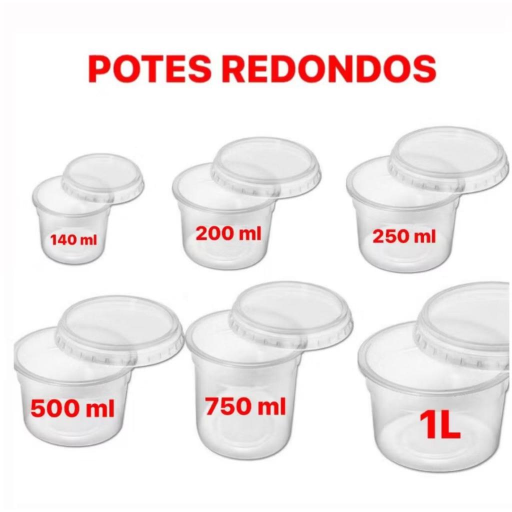 24un Pote Redondo Descartável 140 / 200 / 500 / 750 / 1000ml Freezer e Microondas TOTALPLAST
