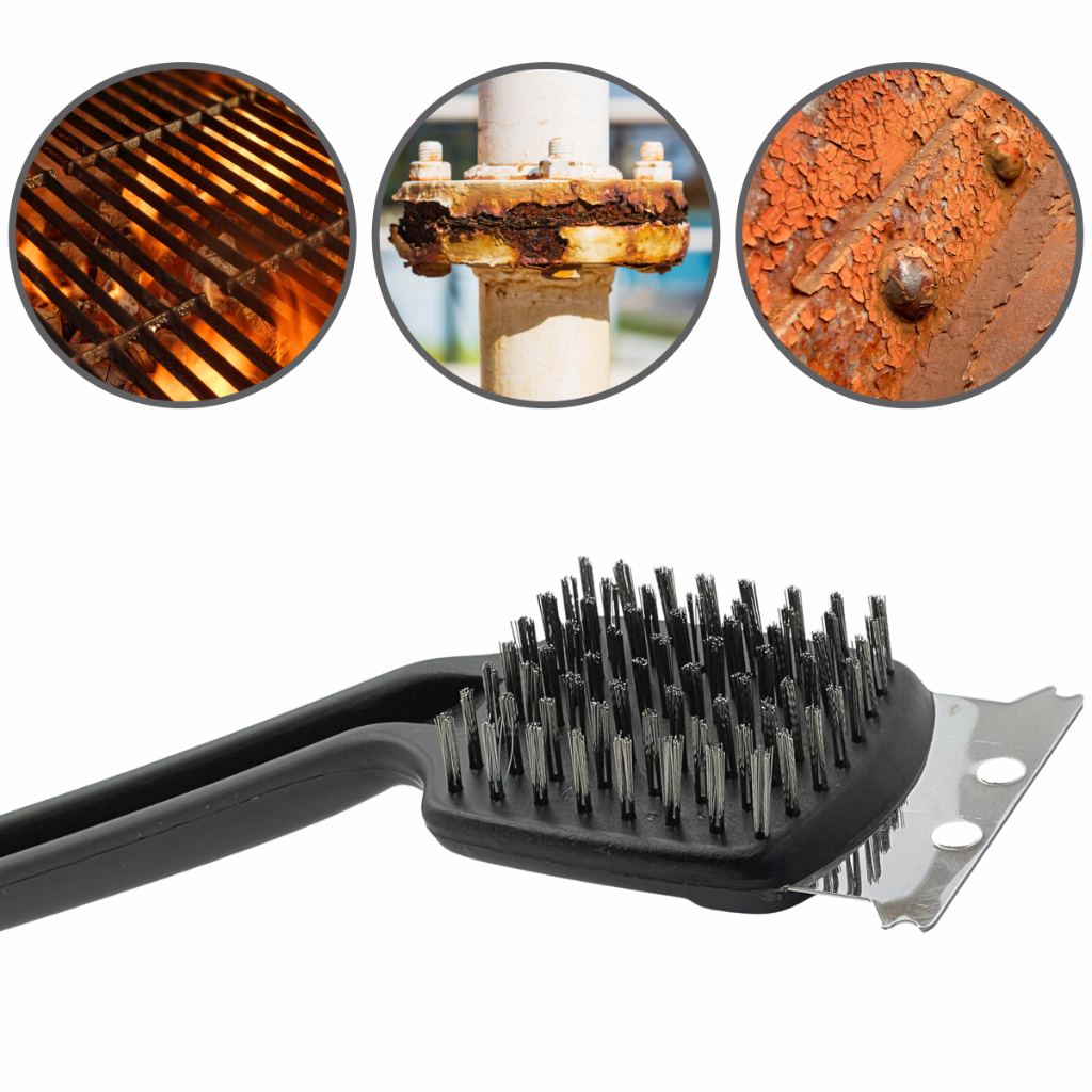 Escova Limpa Grelha 45,5cm Com Raspador Embutido Cerdas De Aço Inox Resistente