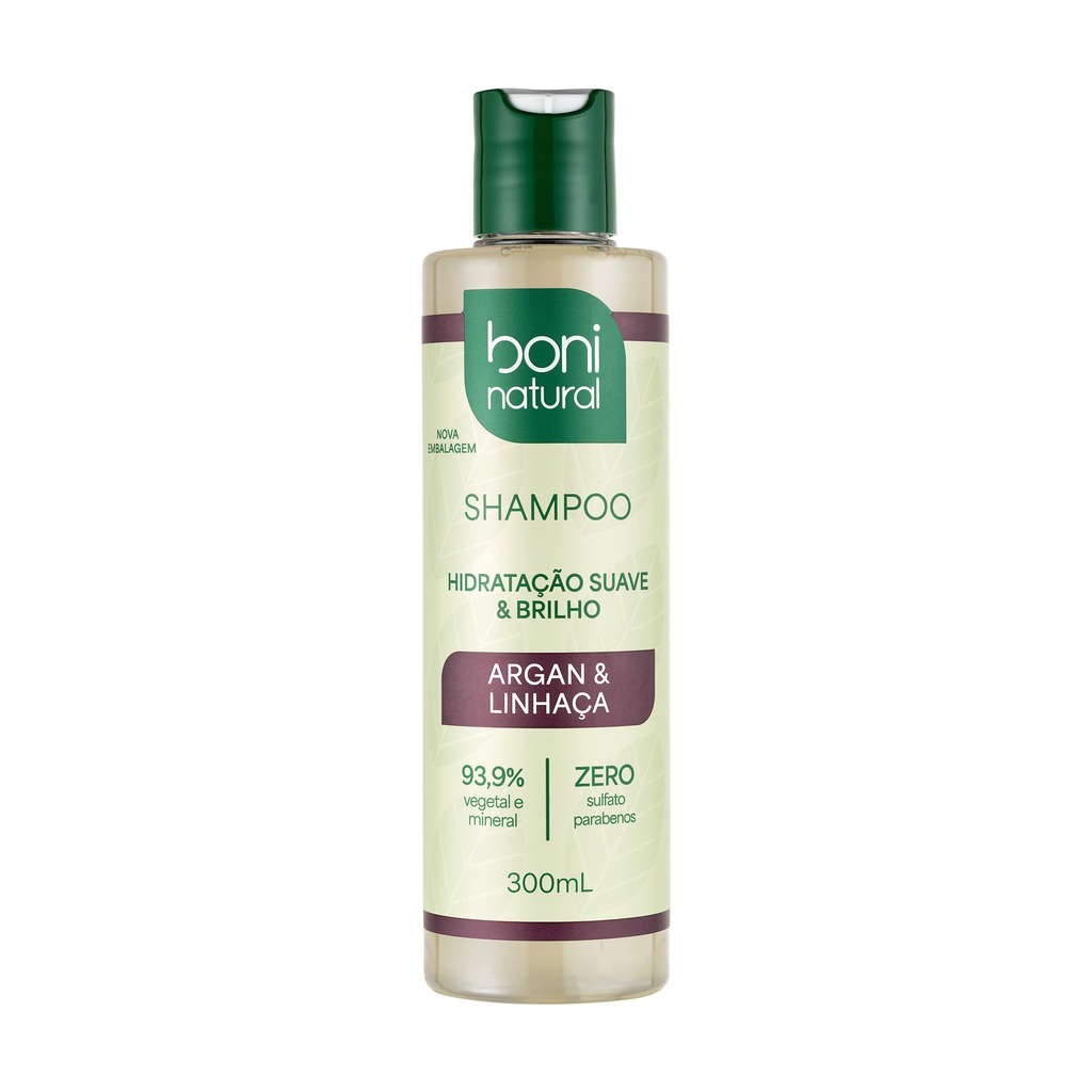 Shampoo Boni Natural Argan e Linhaça 300ml - Vegano, Sem Parabenos