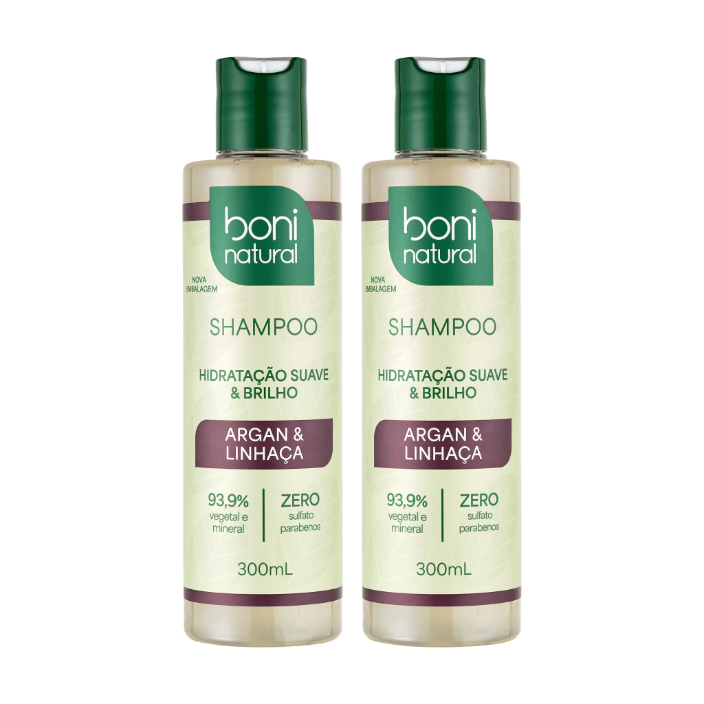 Kit 2 Shampoos Boni Natural Argan e Linhaça 300ml - Vegano, Sem Parabenos