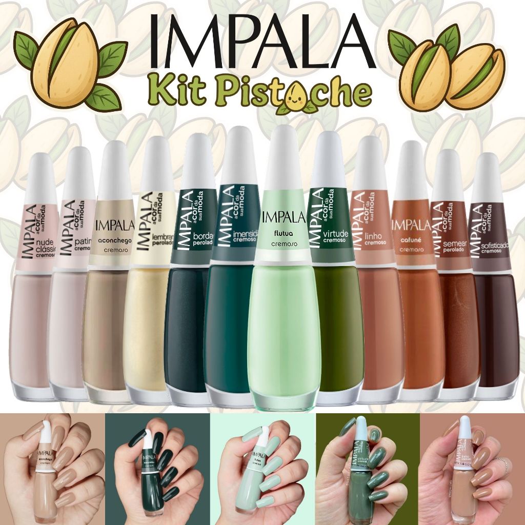 Kit 12 Esmaltes Impala Verde Esmalte Pistache Atacado Tons Marrom Verde