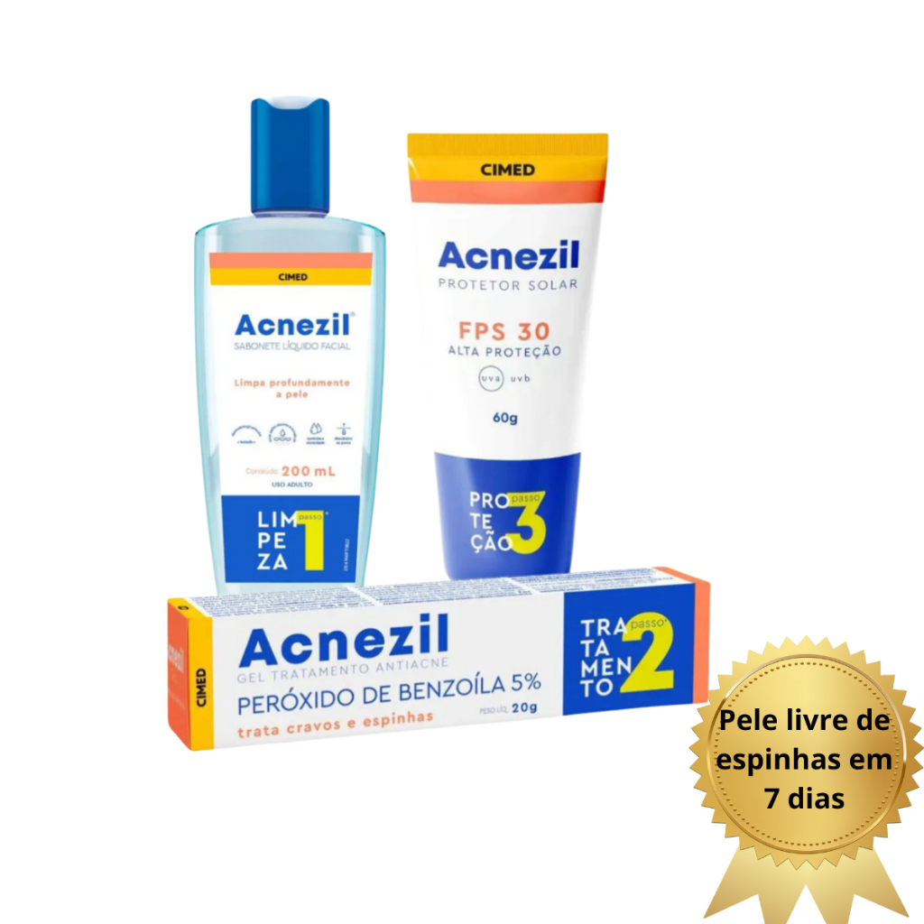 Kit Acnezil: Sabonete Líquido + Peroxido de Benzoila + Protetor Solar