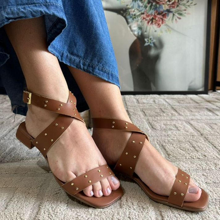 Sandalia Feminina  Rasteirinha Confortavel Bico Quadrado Cravinho Fivela Ajustavel