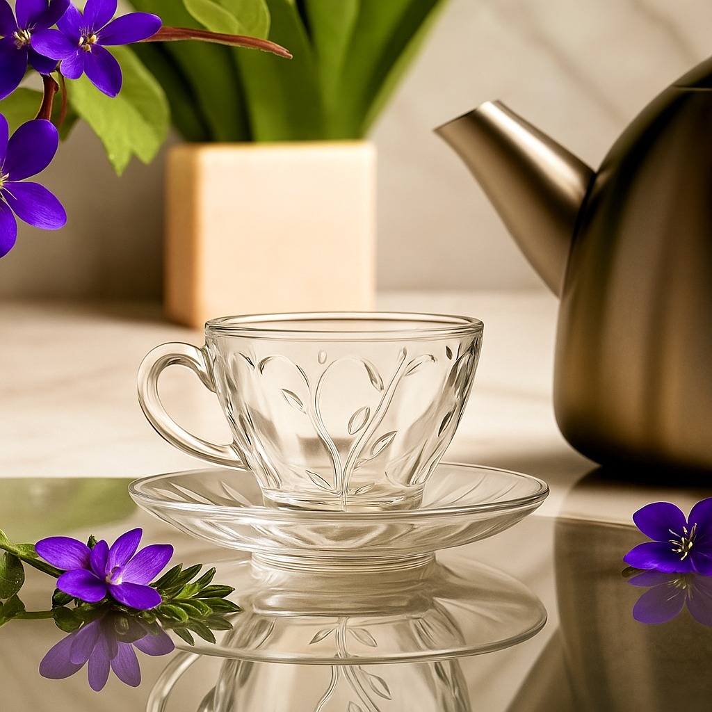 Jogo de xícaras de cha e cafe com pires 12 peças transparente de vidro 200ml