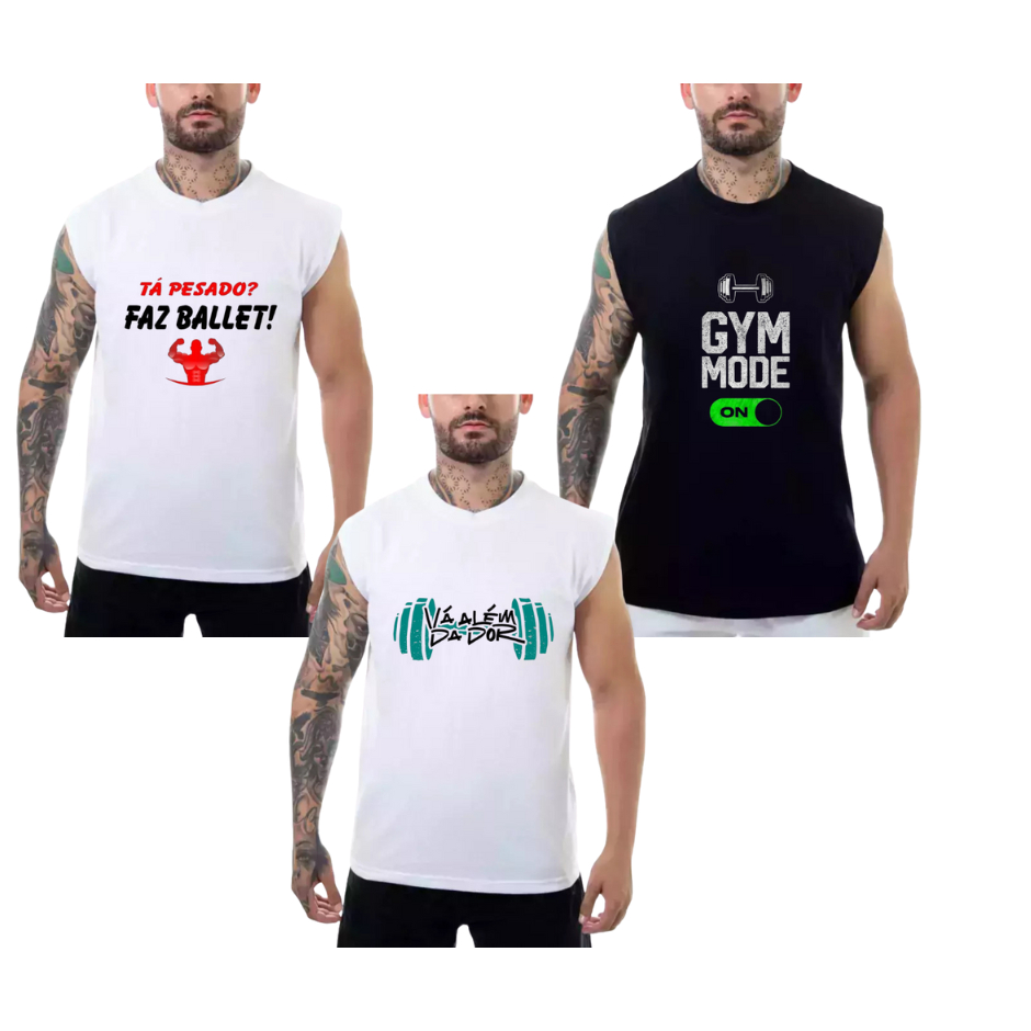 kit 3 Camisetas Regata Machão Longline Masculina Academia Musculação BROO
