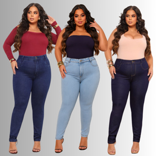 Calça Jeans Feminina Plus Size Cintura Alta Com Lycra Elastano Premium efeito Empina Bumbum Promoção em Oferta na Shopee