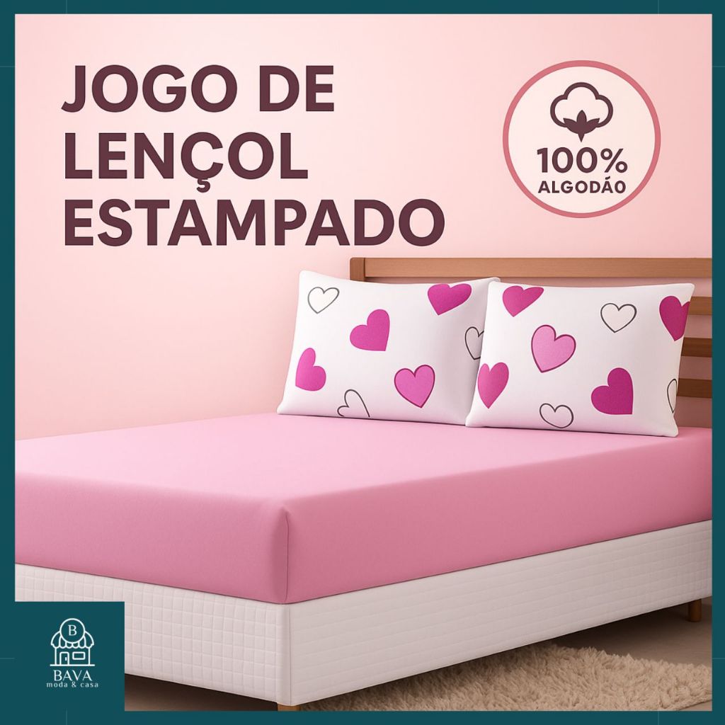 Lençol Casal Jogo 3 Peças Malha 100% Algodão C/ Elástico Estampado 1,38x1,88x0,30cm Lançamento