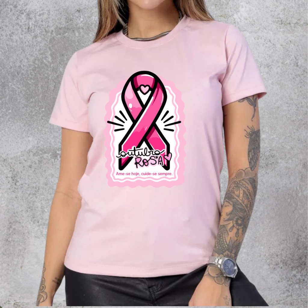 Blusinha Laço Grande Outubro Rosa Babylook de Algodão Plus Size Casual Farses Qualidade de Milhões!