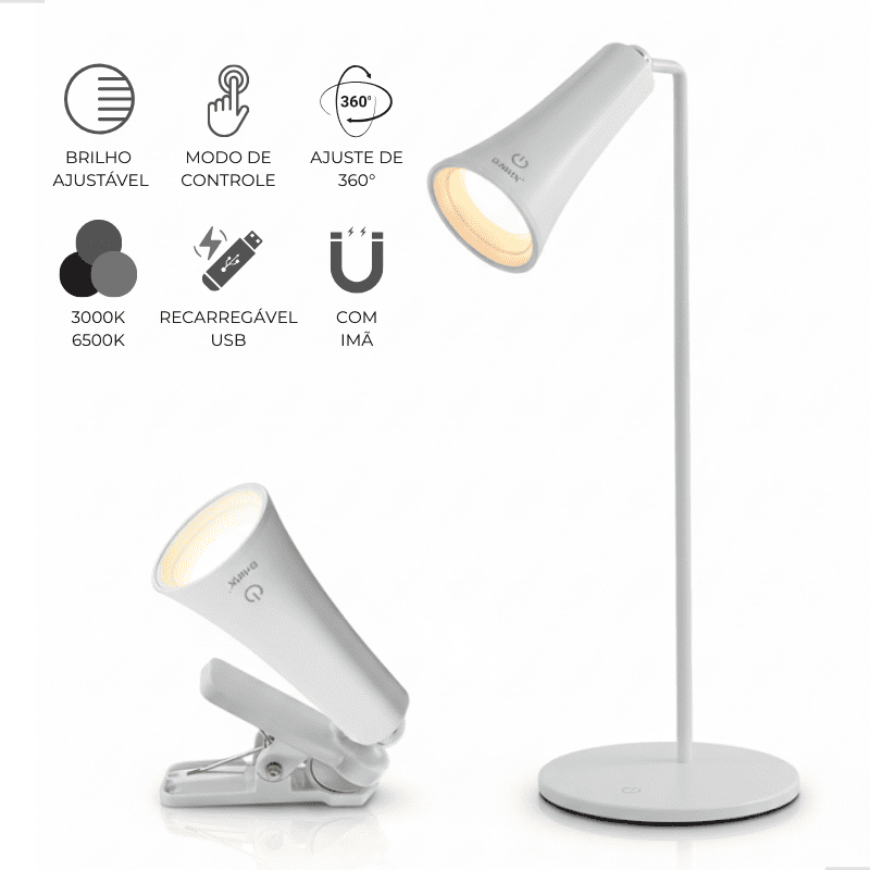 Luminária de Mesa Abajur Cabeceira Escrivaninha LED 3 em 1 Recarregável Tipo C Luminária Portátil
