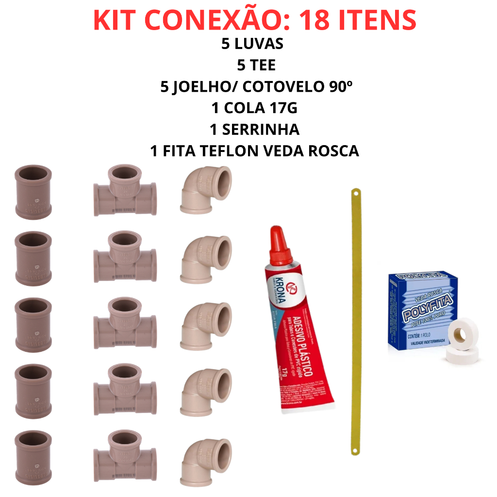 Kit Instalação Conexões Hidráulicas PVC 25mm 3/4 Joelho Tee Luva Cola Serrinha em Oferta na Shopee