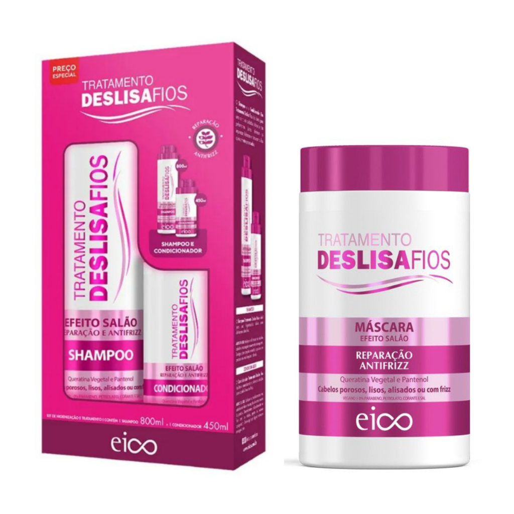 Kit Eico Shampoo 800ml e Condicionador 450ml + Máscara para Cabelo 1kg - Deslisa Fios
