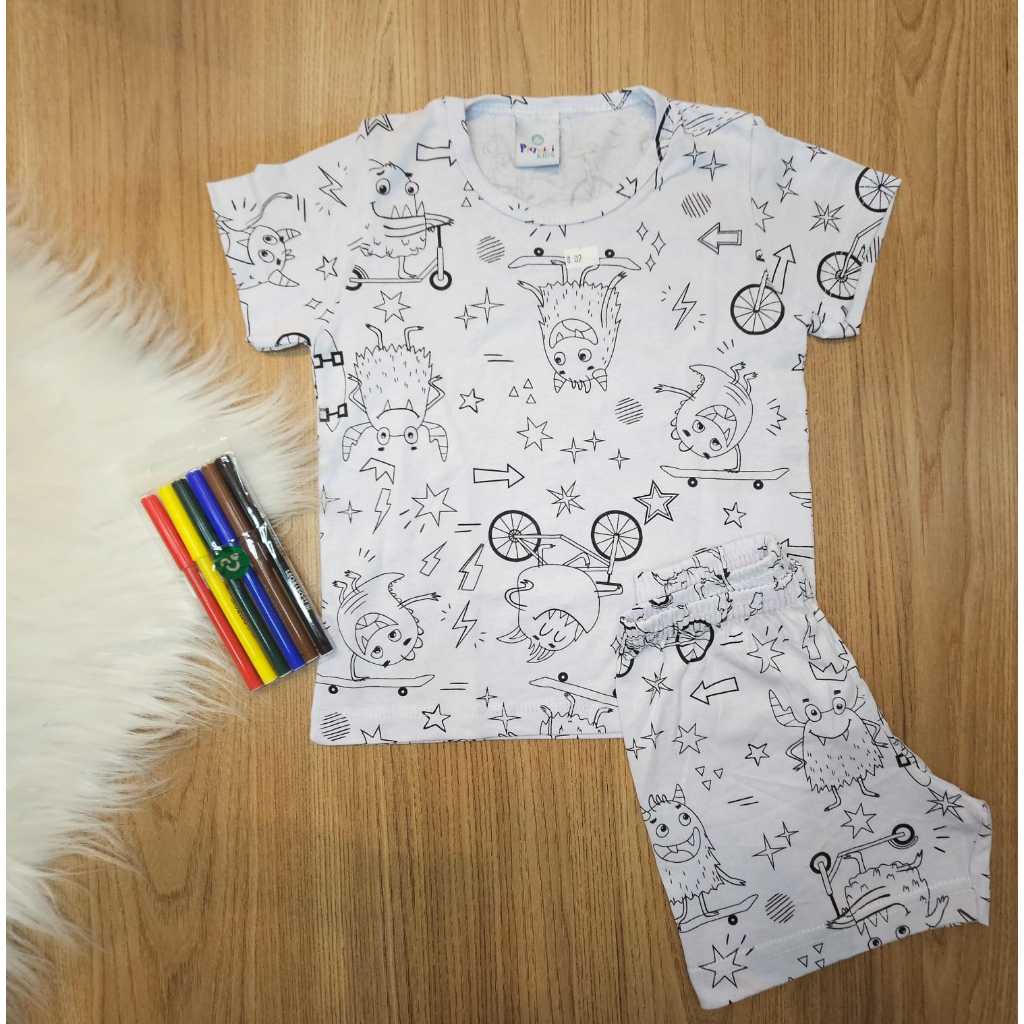 Pijama Infantil para Colorir com canetinhas Short Criativo Divertido Menino Menina Presente LF043