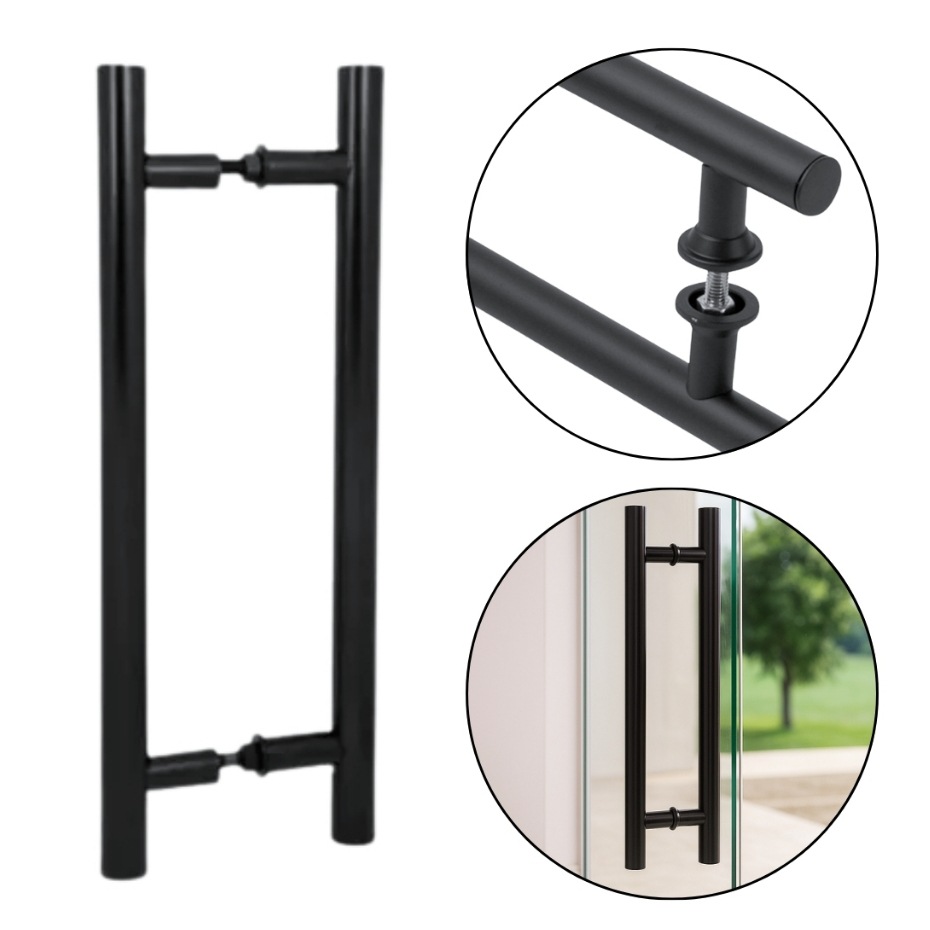 Puxador Duplo Pivotante H Tubular Porta Vidro Madeira Metal Em Alumínio Preto 30Cm