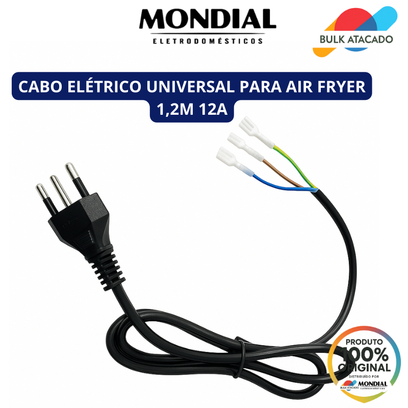 Cabo Elétrico Universal Para Air Fryer Mondial 1,2M 12A Plug Energia 3 Pinos Original