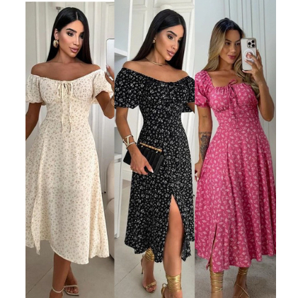 Vestido  Feminino Mídi Romântico Estampado  Floral com Manguinha e Elastex Cruzado Costa Moda 2026 em Oferta na Shopee