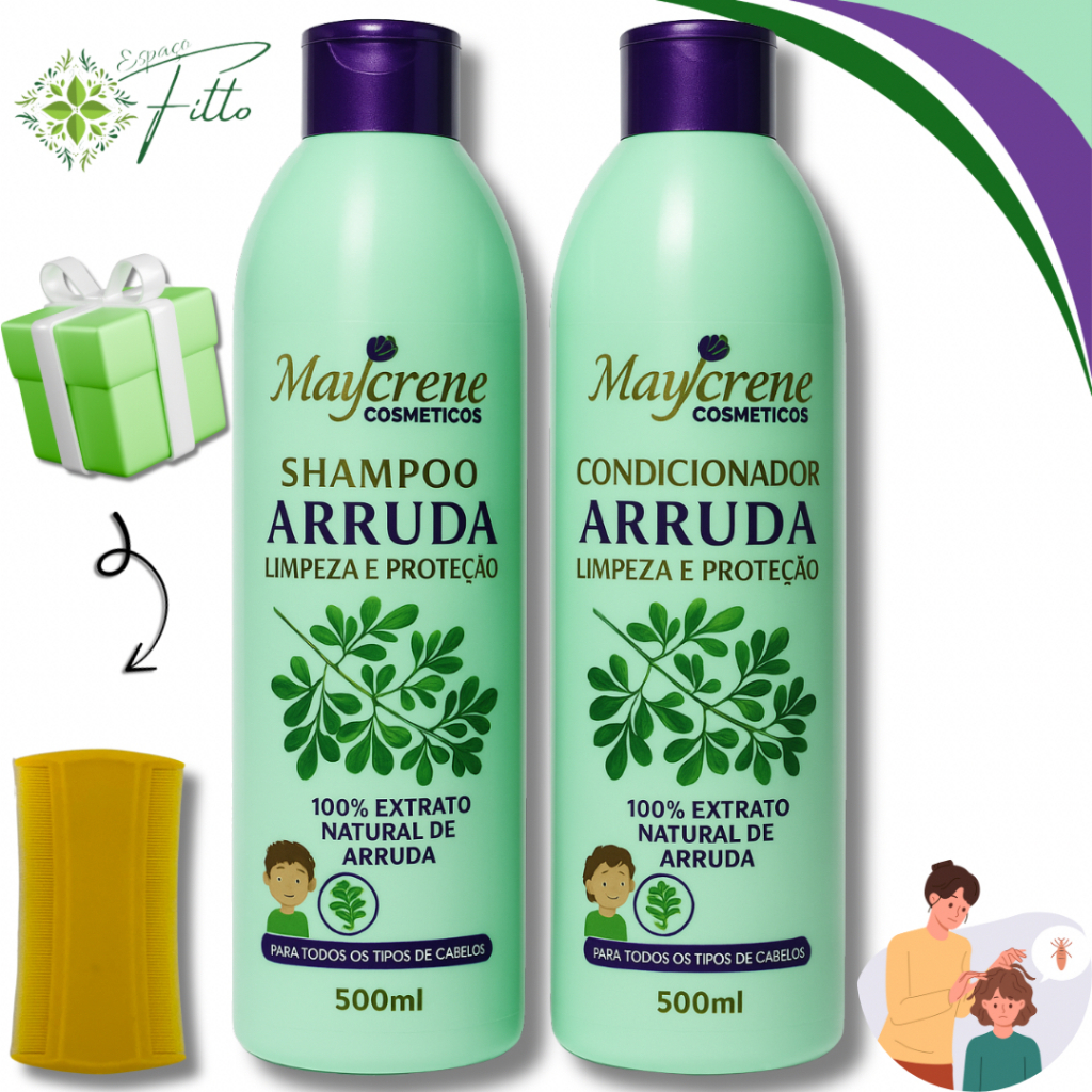 Kit Arruda Shampoo + Condicionador Maycrene 2x500 Mata Piolho Lêndeas Limpeza, Proteção + Pente Fino