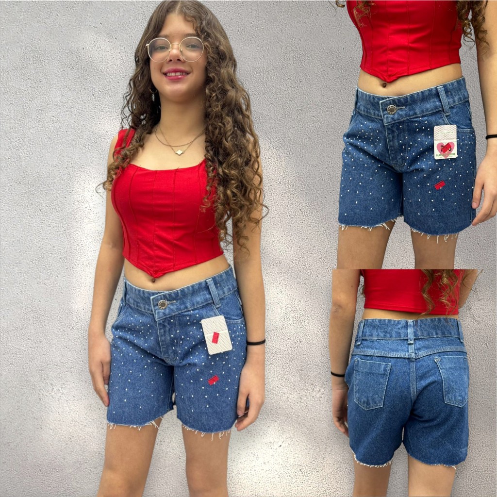 Luz Moda Infantil - Primavera e Verão - Short Jeans Feminino com Strass Espalhadas Juvenil Infantil para Meninas Criança