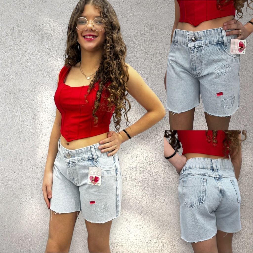 Luz Moda Infantil - Primavera e Verão - Short Jeans Feminino CLARO com Strass Espalhadas Pratas Juvenil Infantil Meninas