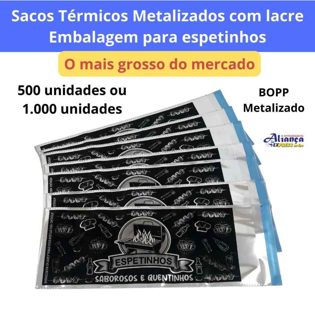 Sacos Térmicos 14x33+3cm 500 ou 1.000 un metalizados adesivados  Embalagem para Espetinhos de Churrasco