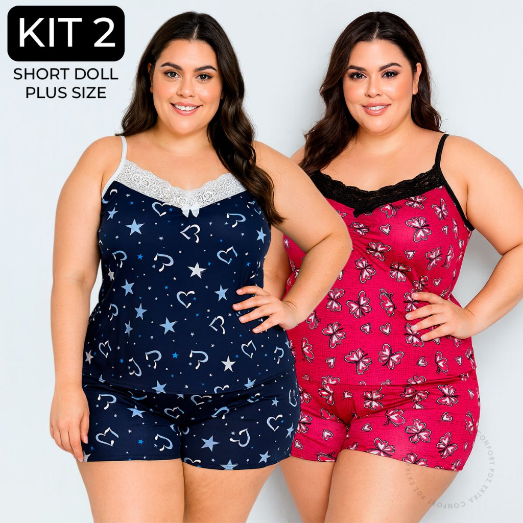 Kit 2 Short Doll Liganete Plus Size Estampado Renda Confortável Feminino Dormir em Oferta na Shopee