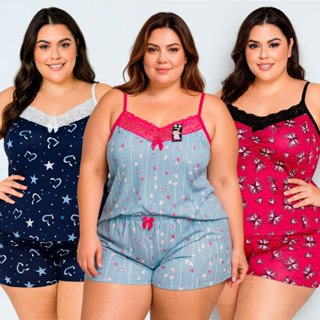 Kit 3 Short Doll Liganete Plus Size Estampado Renda Confortável Feminino Dormir em Oferta na Shopee