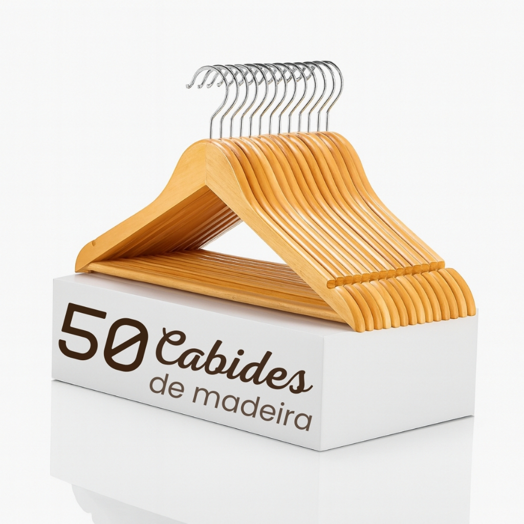 Kit 10/20/30/50 Cabides De Madeira Marfim Para Roupas Calça Gancho Cromado em Oferta na Shopee