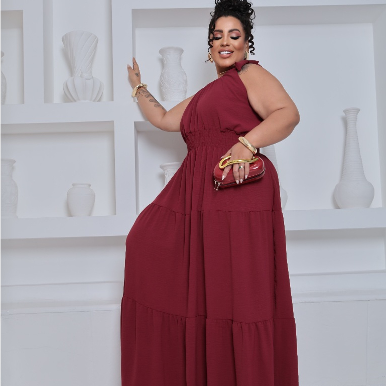 Vestido Longo Mula Manca Feminino Plus Size Elegante Festa Casual Tecido Duna com Elástico