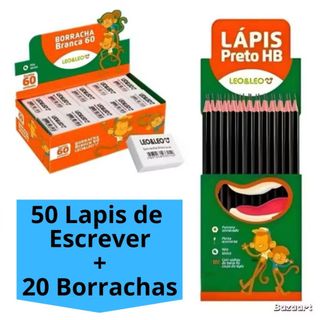 Kit 50 Lápis de Escrever Preto + 20 Borracha Escolar Branca N60 Escolar Leo&Leo