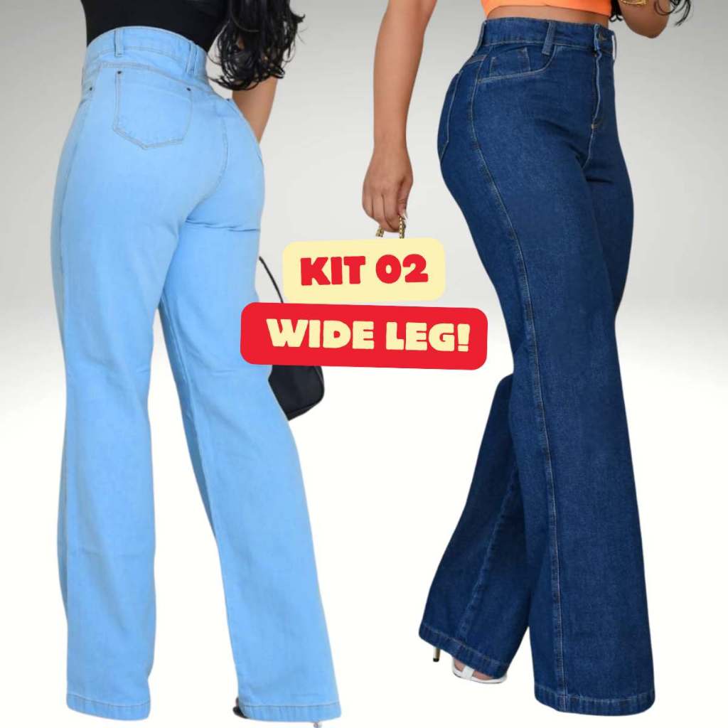 Kit 2 Calças Jeans Wide Leg Pantalona Feminina Clara e Escura Cós Alto Cintura Alta Modeladora em Oferta na Shopee