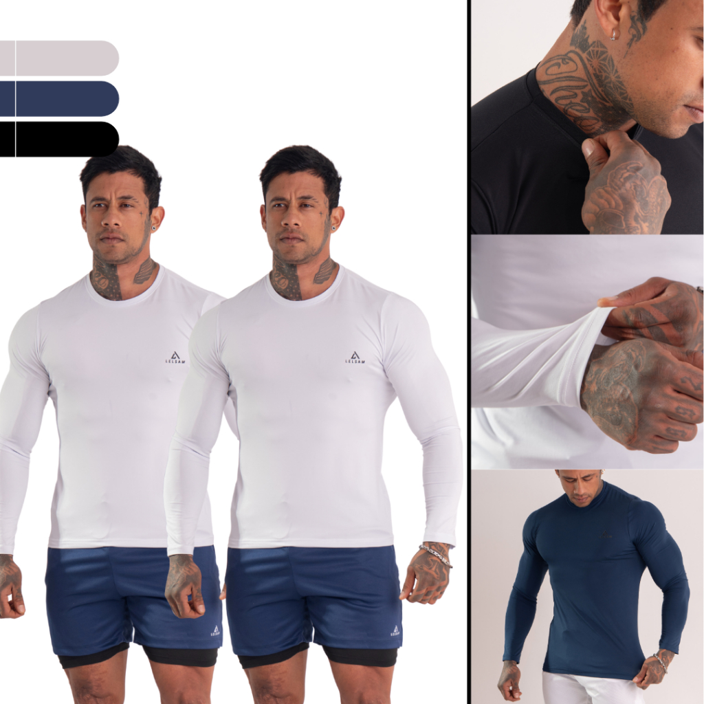 Kit 2 Camisas Térmicas Masculina Esportiva Proteção UV Manga Longa Compressão Academia Treino