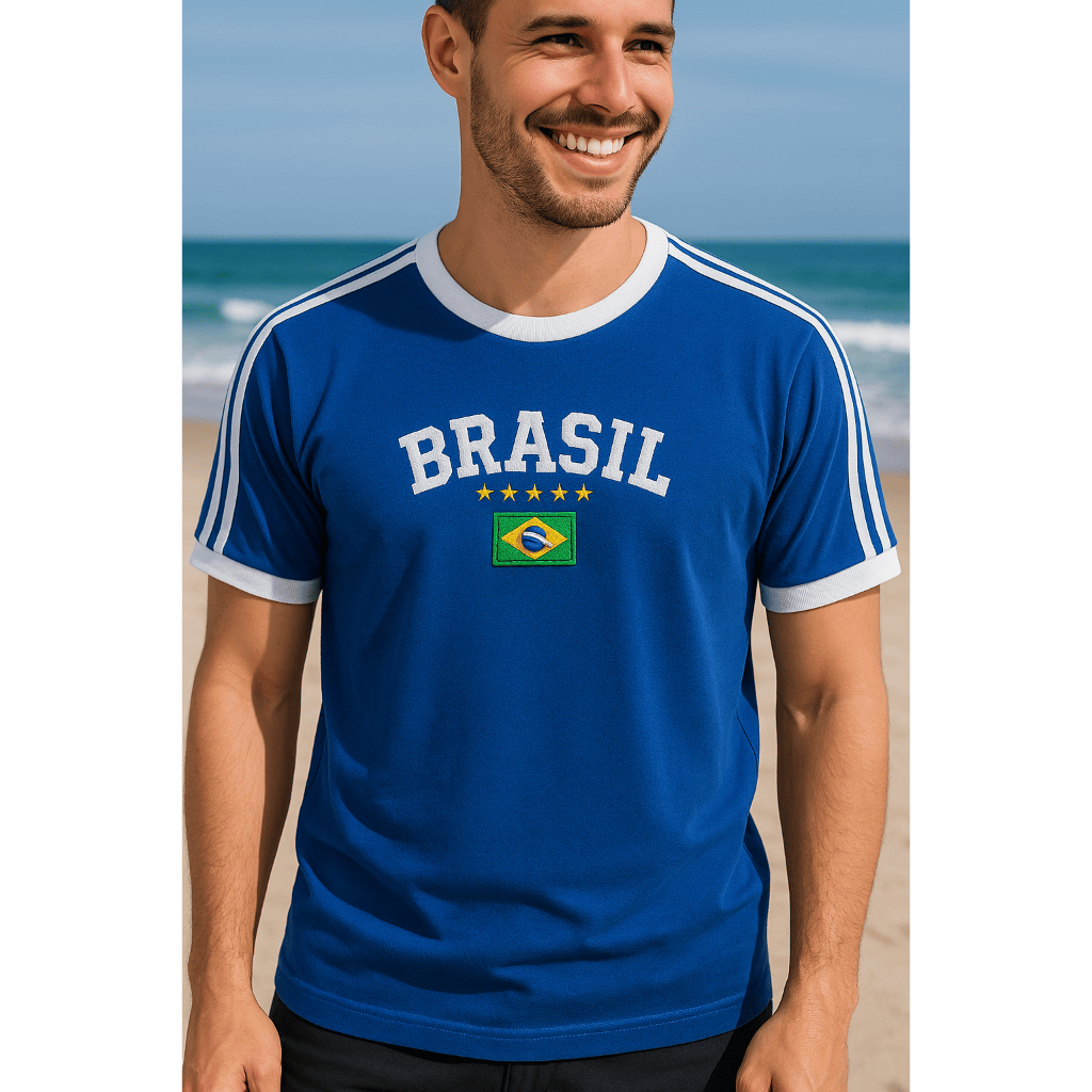 Blusa azul claro bandeira do brasil bordada unissex
