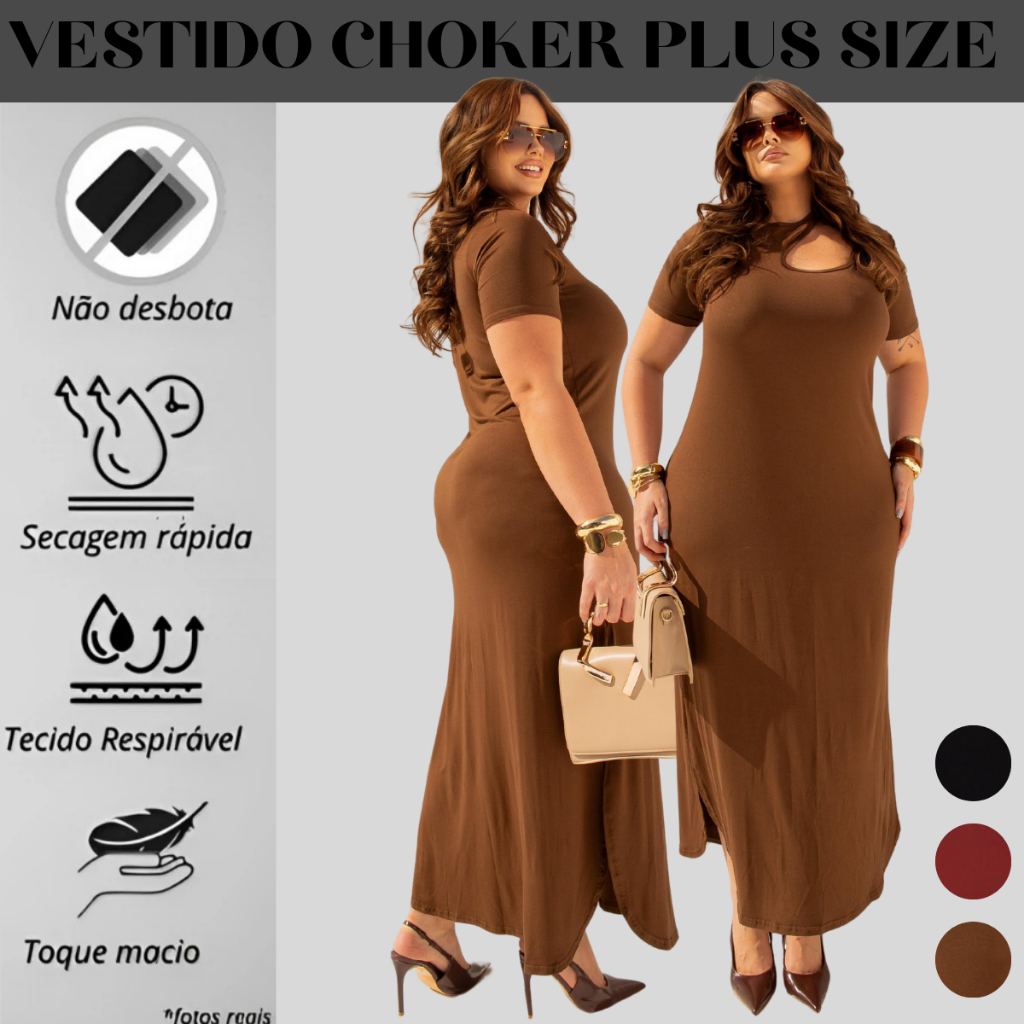 Vestido Longo Feminino Plus size Decote Assimétrico moda curvy cruve com fenda veste do 44 ao 56