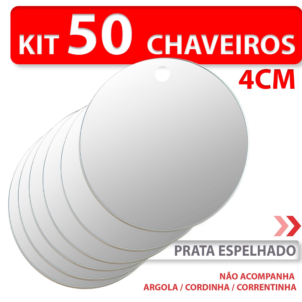 Kit c/ 50 Chaveiros de 4cm em Acrílico Espelhado Prata 2mm