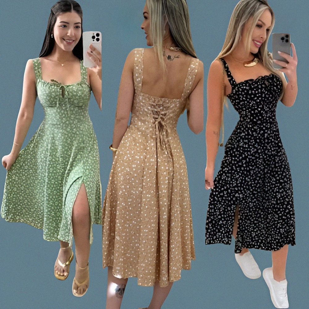 Vestido Feminino Midi com Estampa Floral com Bojo e Forro no Cuadril em Oferta na Shopee