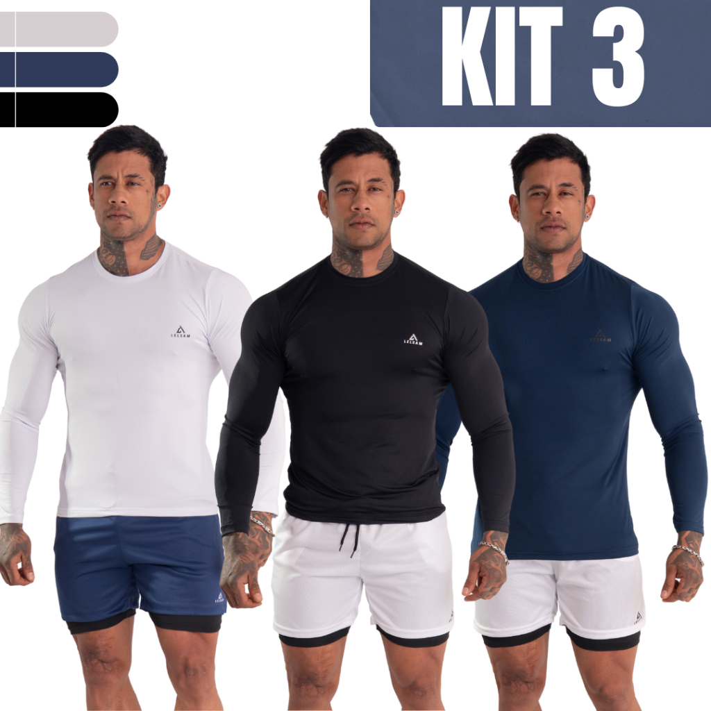 Kit 3 Camisas Térmicas Manga Longa Masculina Esportiva Proteção UV Compressão Corrida Treino