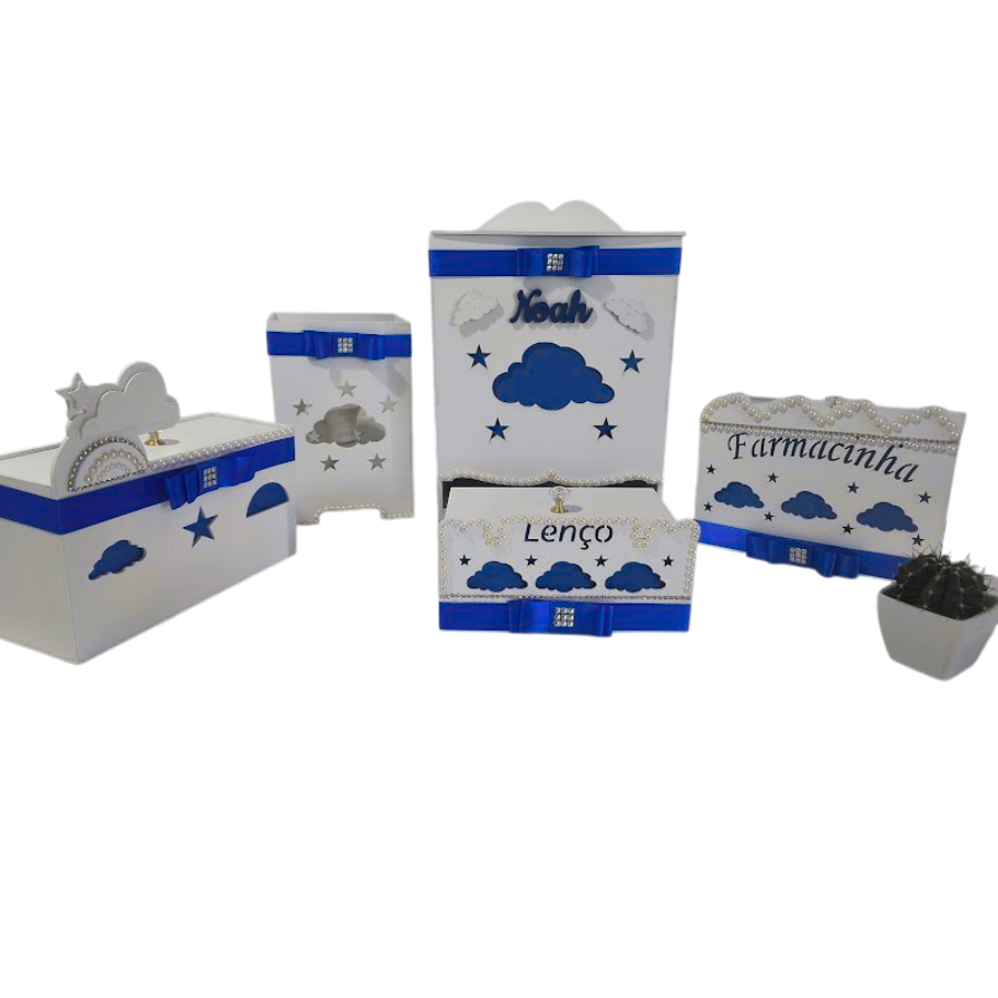 Kit Higiene Bebê Nuvem na cor Azul escuro de menino – Porta Fraldas, Farmacinha, Potes