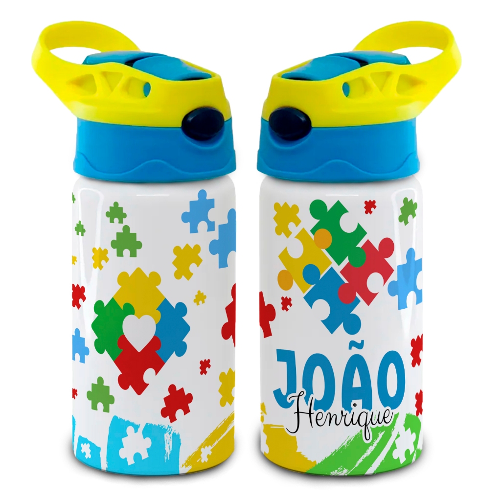 SQUEEZE GARRAFA AUTISMO PERSONALIZADO COM NOME LANCHEIRA ALUMÍNIO OU TÉRMICA INOX ESCOLA PRESENTE LANCHE em Oferta na Shopee