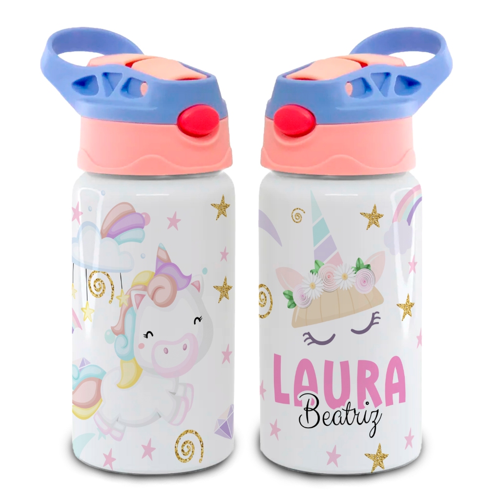 SQUEEZE GARRAFA UNICÓRNIO CUTE PERSONALIZADO COM NOME LANCHEIRA ALUMÍNIO OU TÉRMICA INOX LANCHE ESCOLA em Oferta na Shopee