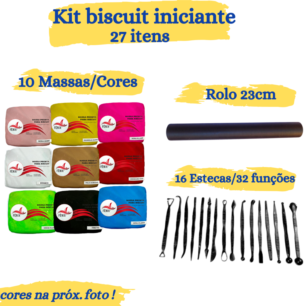 Kit Biscuit Para Iniciantes - 10 Massas + Rolo 23 Cm + 16 Estecas ( 17 Cores Disponiveis )Escolha