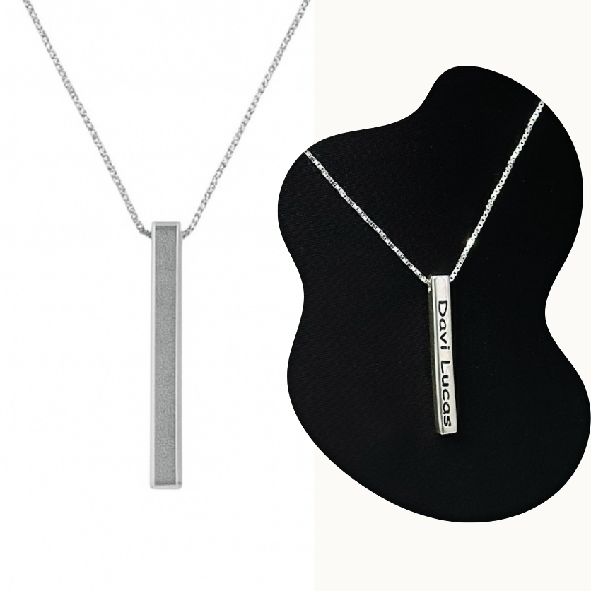 Colar Masculino Barra Personalizado em Prata 925 Nome ou Palavra Barrinha com Corrente 60cm ou 70cm