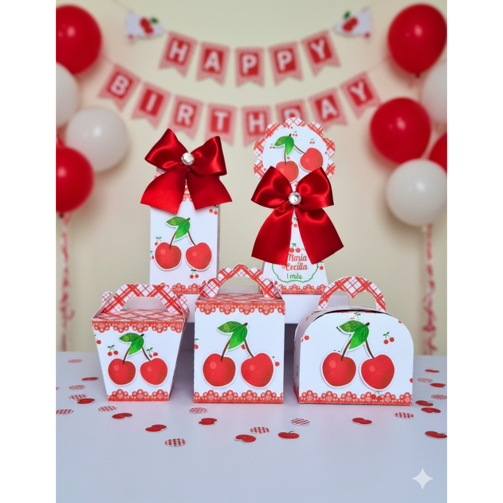 Kit Festa + Lembrancinhas Cerejinha + Papelaria Personalizada + Caixinhas Personalizadas