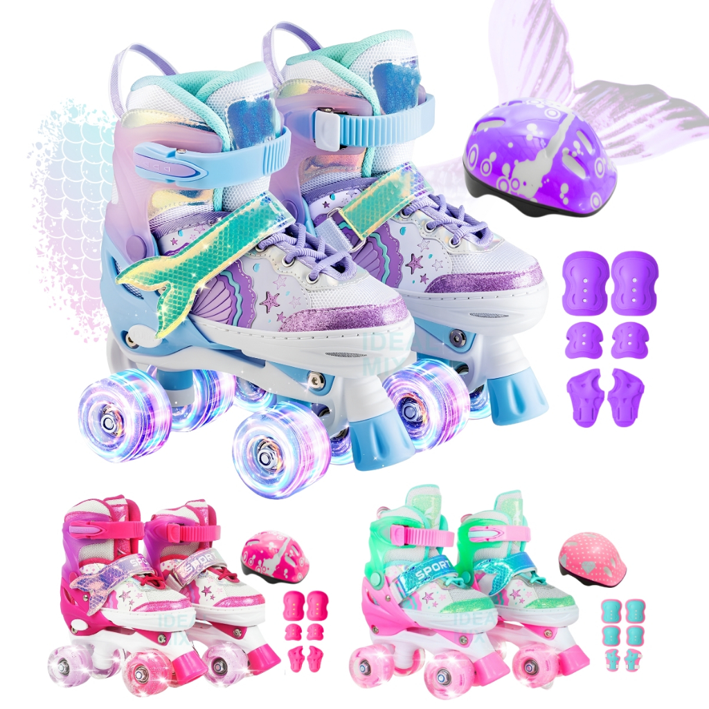 Patins Infantil Ajustável 4 Rodas Sereia + Kit Proteção Rodinha Led