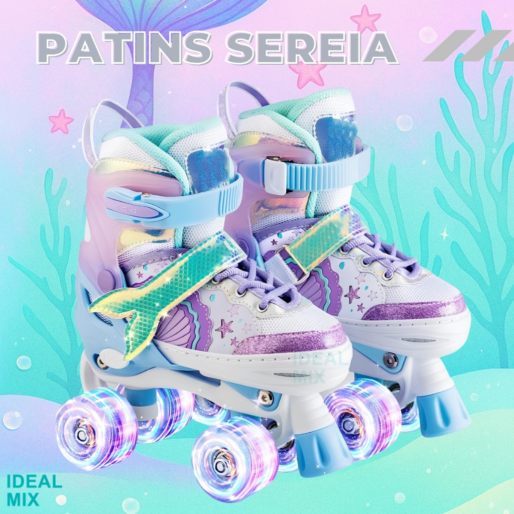 Detalhes do Patins Infantil Ajustável 4 Rodas Sereia + Kit Proteção Rodinha Led