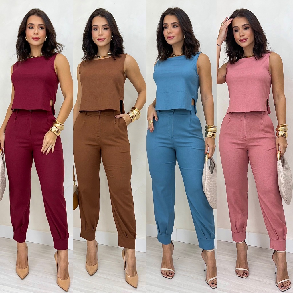 CONJUNTO ALFAITARIA FEMININO ADVOGADA LINHO CALÇA COM PUNHO + REGATA COM DETALHE NA LATERAL SOCIAL em Oferta na Shopee