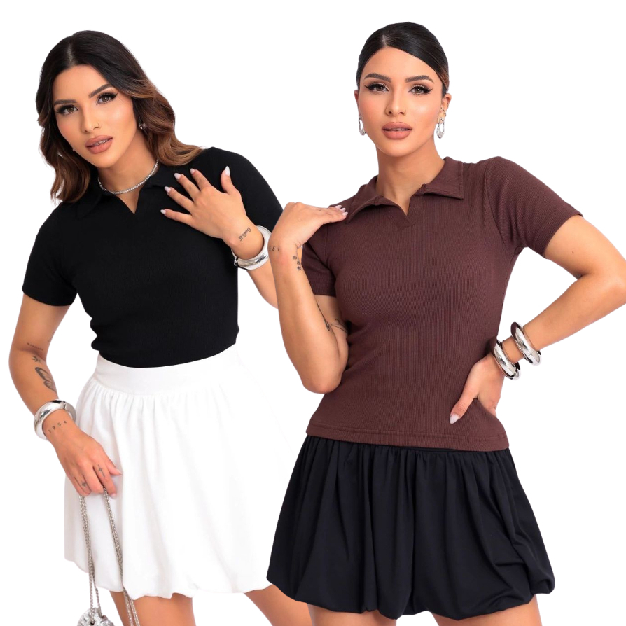 Kit 2 Blusas Gola Polo Feminina Manguinha Curta Moda Basica Casual Dia a Dia Trabalho Verao Ribanna