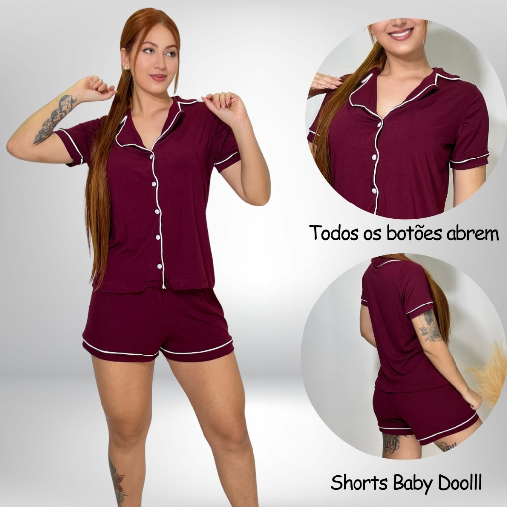 Pijama Feminino Manga Curta Americano Short Doll Verão Com Botões