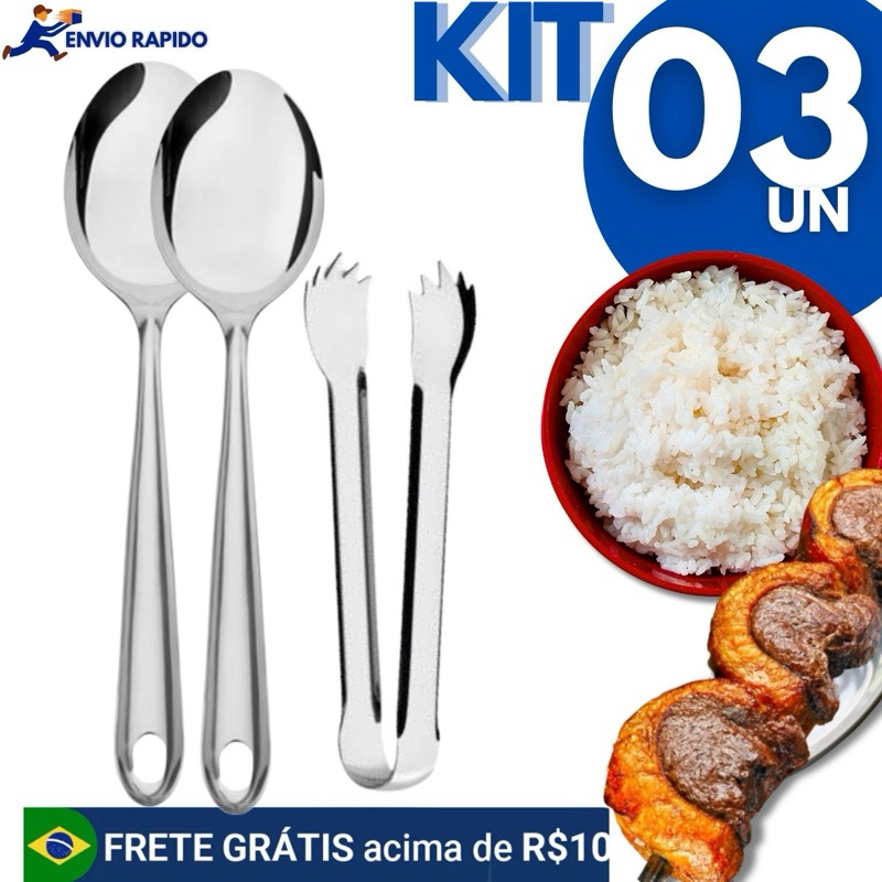 Kit 3 Utensílios de Cozinha – 2 Colheres de Arroz Inox + 1 Mini Pegador Cozinha Doméstica